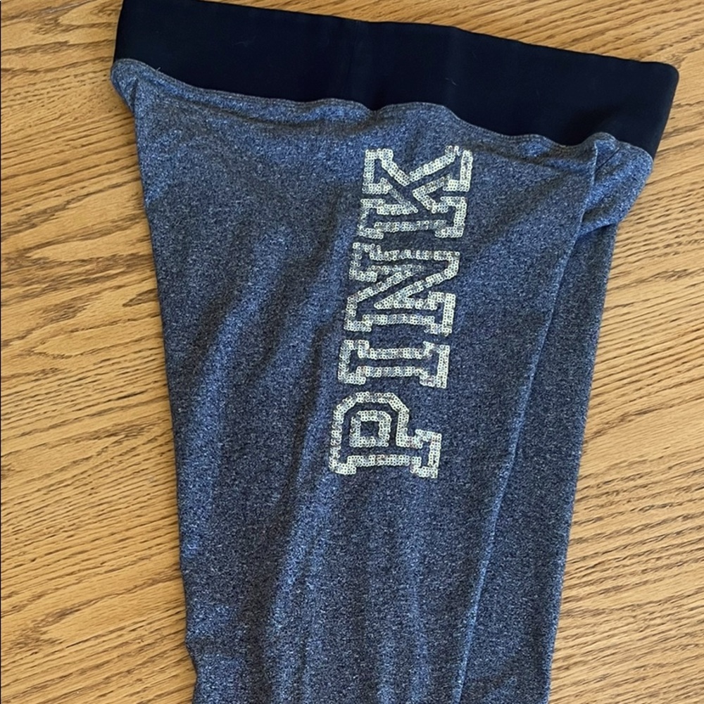 PINK VICTORIA SECRET YOGA LEGGINGS. Gray & white pebbled with sequined letters